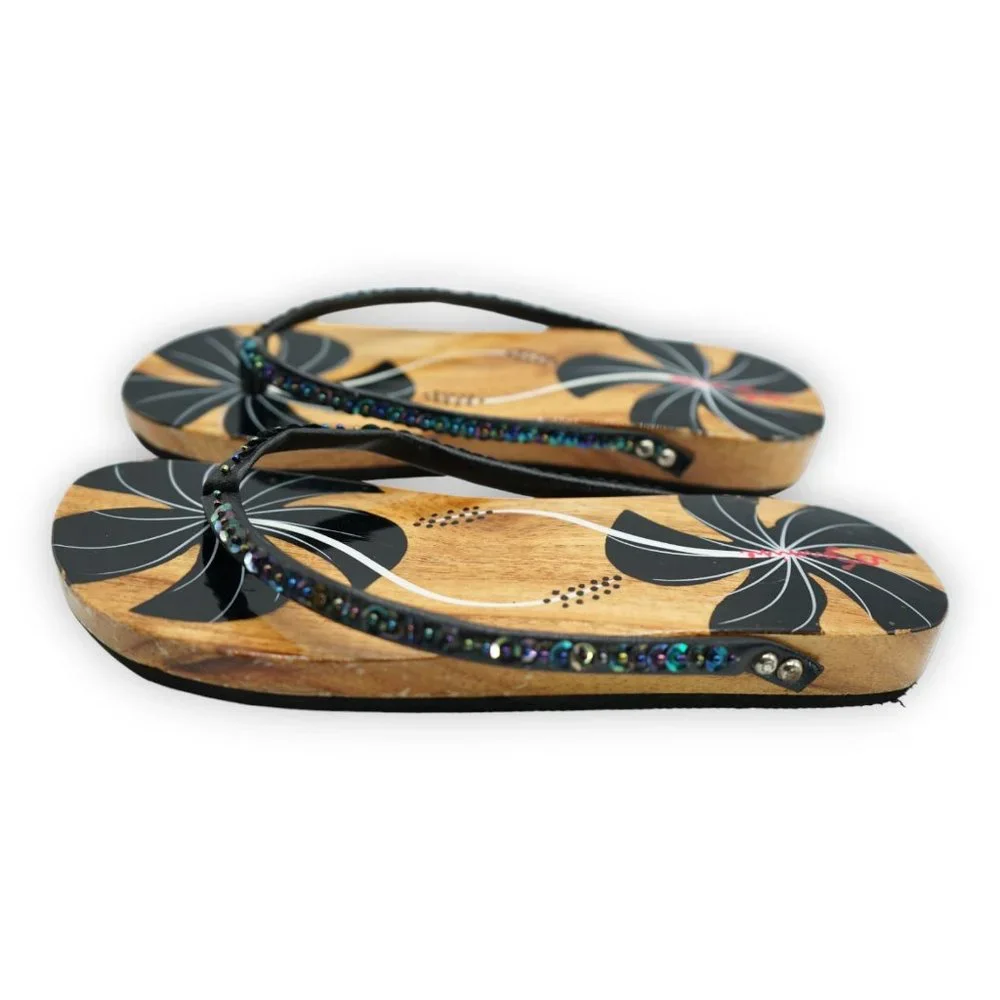 VTG Hawaiian lacquer‎ wood handpainted flowered flip flop sandals Sz 6 - 6.5